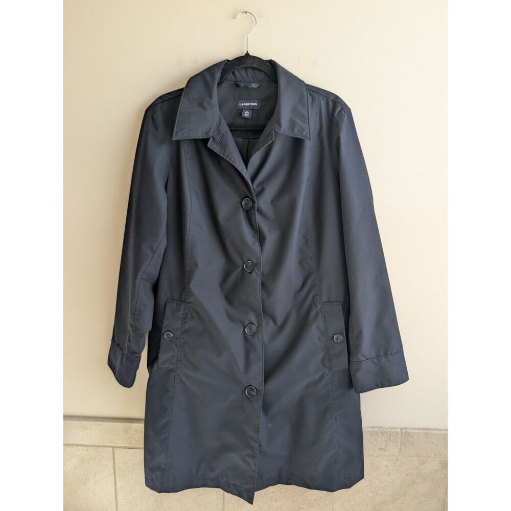 Lands' End Womens L 14-16 Navy Blue Trench Coat Button Front Lightweight Lined